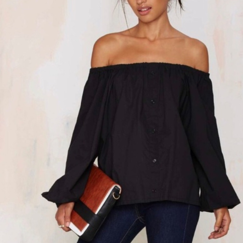 Honey Punch Black Off Shoulder Button Down Top